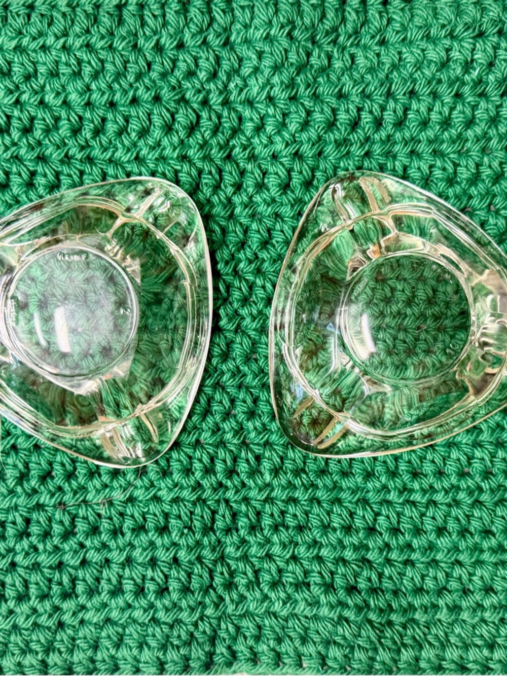 Vintage MCM Triangular Ashtrays Engraved Reims France Heavy Clear Glass